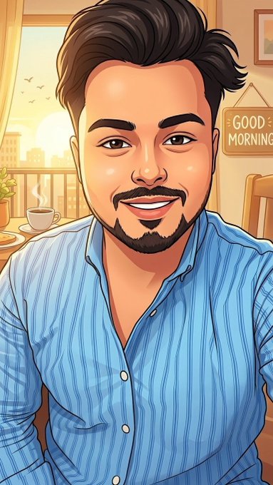 A cartoon/illustrated avatar of a smiling bearded man in a blue striped shirt, with a 'GOOD MORNING' sign and coffee cup in the background.