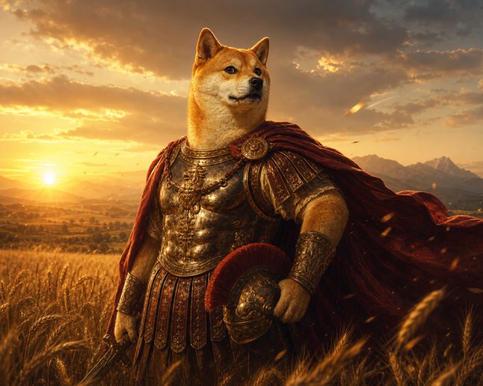 The image features a dog dressed up like a Roman soldier, standing in a field with wheat. The dog is wearing a red cape and holding a sword, giving it the appearance of a historical figure from ancient times. The caption for this image reads "Day 2 of posting Dogeus Maximus’s until @elonmusk embraces the Emperor The Aura has begun to spread across the timeline. Senators are whispering. The Emperor does not chase attention".