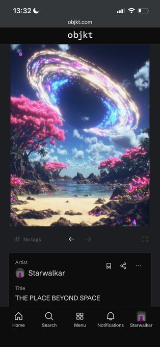 A mobile screenshot of the objkt.com website displays an NFT titled 'THE PLACE BEYOND SPACE' by artist Starwalkar, featuring a vibrant cosmic scene over a tropical beach.