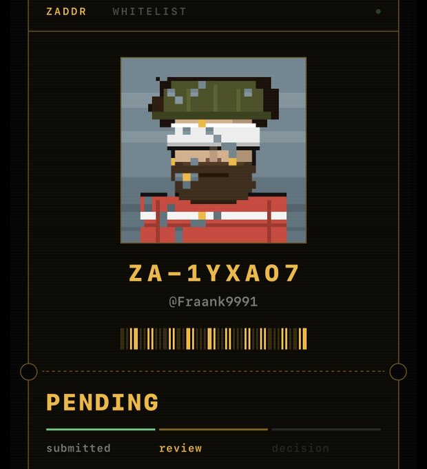 A pixel art NFT whitelist card for 'ZADDR' featuring a bearded character in a helmet, coded ZA-1YXA07 with @Fraank9991, marked as PENDING review.