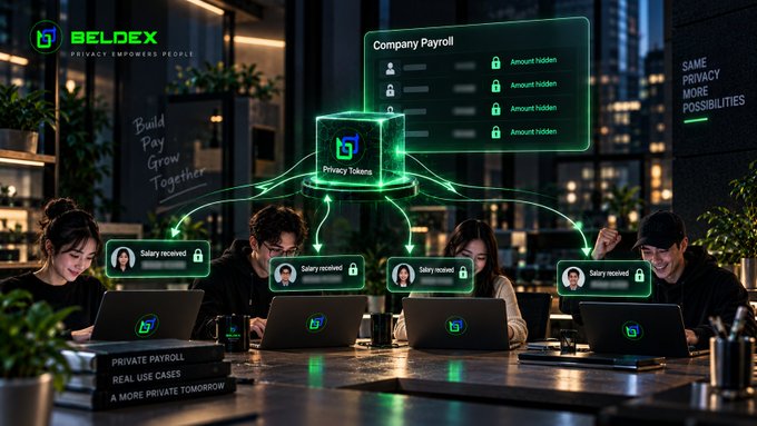 A Beldex privacy cryptocurrency marketing image shows people working on laptops with green 'Privacy Tokens' floating above, connecting to a 'Company Payroll' interface displaying hidden salary amounts.