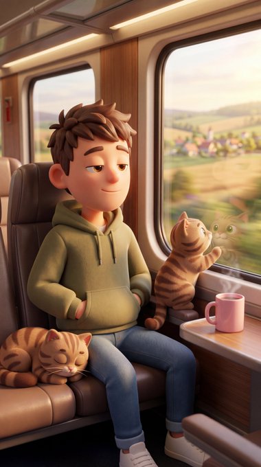 A 3D animated-style illustration of a young man in a green hoodie sitting on a train with two cats, enjoying coffee while looking out the window at a countryside landscape.