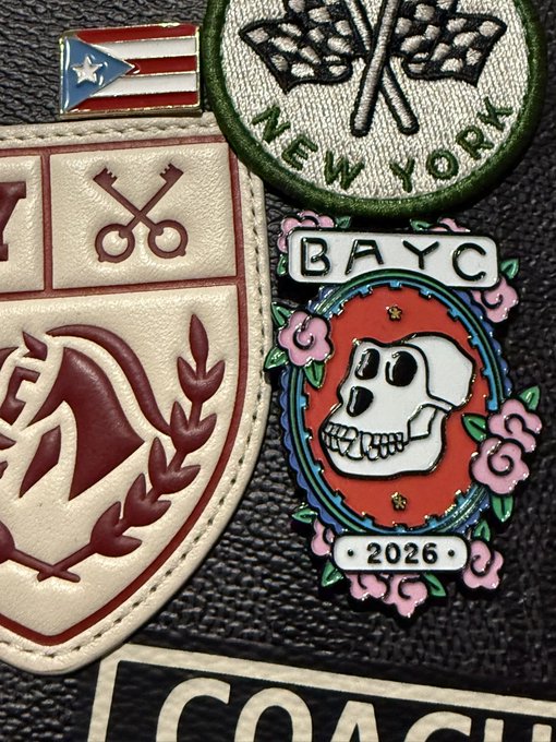 A collection of enamel pins including a Puerto Rican flag, a circular 'NEW YORK' patch with crossed flags, a cream and maroon crest with keys, and a 'BAYC 2026' pin featuring a skull surrounded by pink flowers.