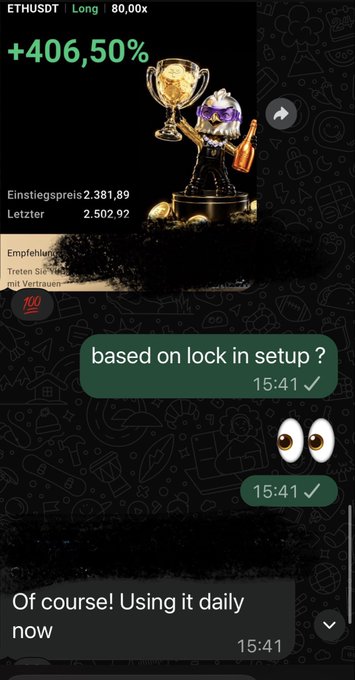 A mobile screenshot displays an ETH/USDT trading interface showing a +406.50% gain with messages 'based on lock in setup ?' and 'Of course! Using it daily now' at 15:41.