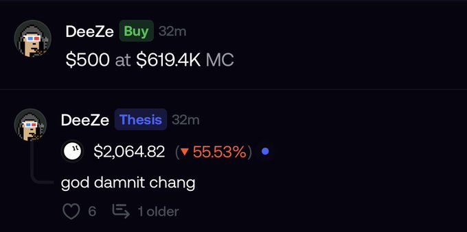 The image shows a Discord-style message from user "DeeZe" displaying two actions: a "Buy" of $500 at $619.4K market cap, followed by a "Thesis" update showing a portfolio value of $2,064.82 with a 55.53% loss, captioned "god damnit chang" — illustrating the volatile "GROKtober" trading experience referenced in the post.