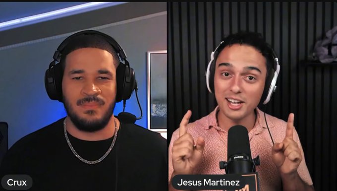 A split-screen video podcast features two men wearing headphones with microphones; the left is labeled 'Crux' and the right 'Jesus Martinez,' who is gesturing while speaking.