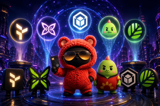 A vibrant digital illustration featuring cute cartoon characters including a red bear in sunglasses and a green avocado-like figure, surrounded by glowing cryptocurrency token icons in a futuristic city setting.
