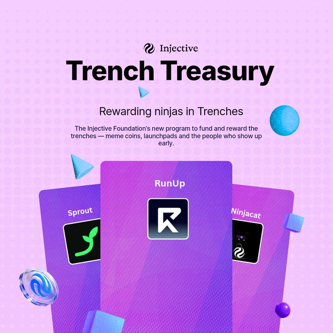 A promotional graphic for Injective's 'Trench Treasury' program subtitled 'Rewarding ninjas in Trenches,' describing it as funding for meme coins, launchpads, and early participants, featuring stylized cards for 'Sprout,' 'RunUp,' and 'Ninjacat.'