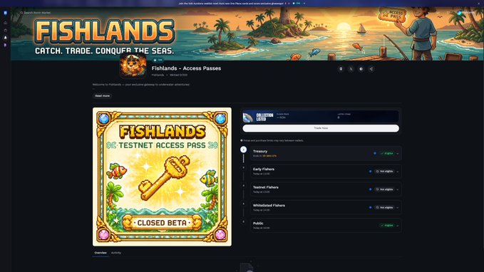 The image features a computer screen displaying a screenshot of the Fishlands gaming platform, which includes information about a beta version and how to access an exclusive "closed beta" pass. The game is available for download from the Nintendo e-sports website. The post has been shared on various social media platforms with its relevant hashtags #Web3gaming and #cryptogaming. The screenshot also shows an underwater scene, adding a visually interesting element to the content.