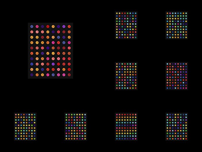 Multiple grids of multicolored dots on a black background, with one larger grid on the left and seven smaller grids arranged on the right and bottom.