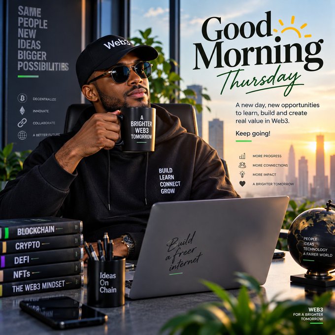 A promotional 'Good Morning Thursday' Web3 marketing image featuring a man in sunglasses and black hoodie holding a 'A Brighter Web3 Tomorrow' mug, with stacks of books labeled Blockchain, Crypto, DeFi, NFTs, and The Web3 Mindset, alongside slogans like 'Build a freer internet'.
