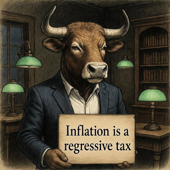 A surreal illustration of a bull-headed figure in a suit holding a sign reading 'Inflation is a regressive tax', standing in a library lit by green banker's lamps.