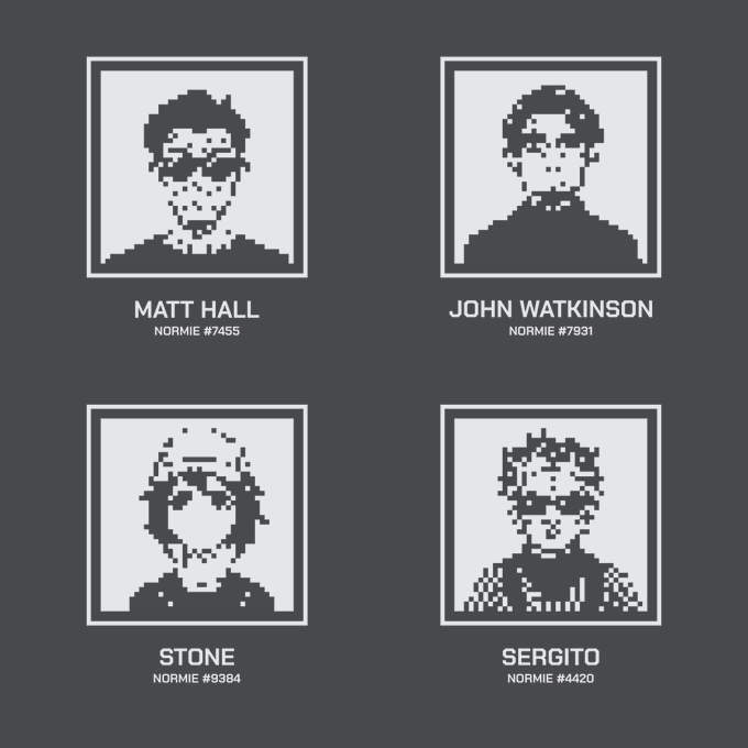 Four pixel-art portrait frames labeled 'MATT HALL (NORMIE #7455)', 'JOHN WATKINSON (NORMIE #7931)', 'STONE (NORMIE #9384)', and 'SERGITO (NORMIE #4420)' on a dark blue background.