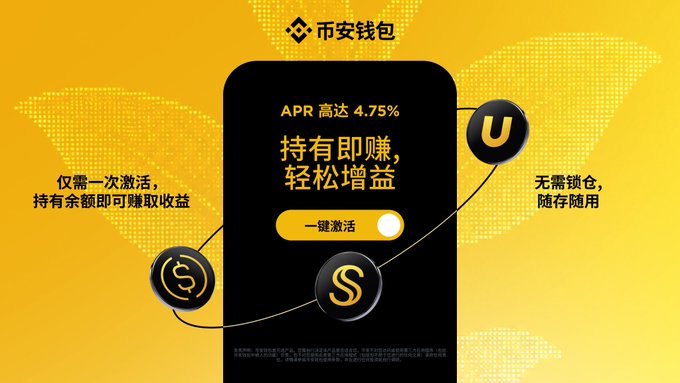 The image is a promotional banner for Binance Wallet (币安钱包) featuring a smartphone displaying an offer of up to 4.75% APR ("APR 高达 4.75%") with the tagline "持有即赚,轻松增益" (Earn by holding, effortless gains) and a "一键激活" (One-click activation) button, accompanied by icons of the $U and $S stablecoins. It directly supports the accompanying post by visually highlighting the new no-deposit, no-lockup DeFi yield feature offering up to 4.75% returns on stablecoins like $U.