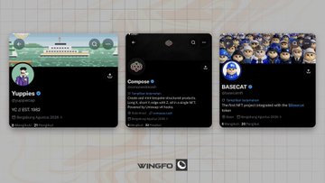A screenshot of three Twitter/X NFT community profile cards displayed side by side, featuring **Yuppies** (YC // EST. 1982), **Compose** (structured products inside a single NFT), and **BASECAT** (the first NFT project integrated with the $Basecat token), aligning with a post highlighting early NFT projects on the Base blockchain, including a mention of @LilNinjaip and its 3,333 shadows clan.