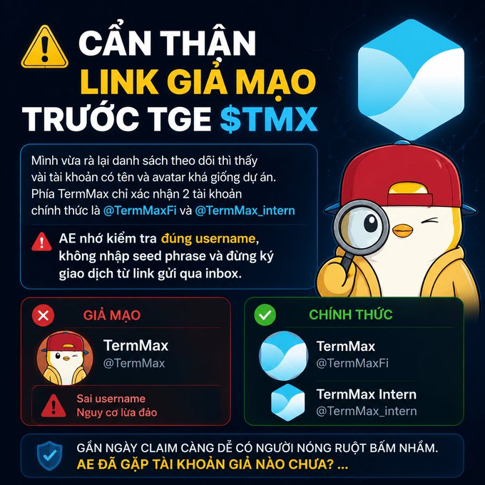 A Vietnamese scam warning infographic about fake 'TermMax' links before the TMX TGE, showing a penguin mascot with a magnifying glass and comparing fake accounts (@TermMax) with legitimate ones (@TermMaxFi and @TermMax_intern).