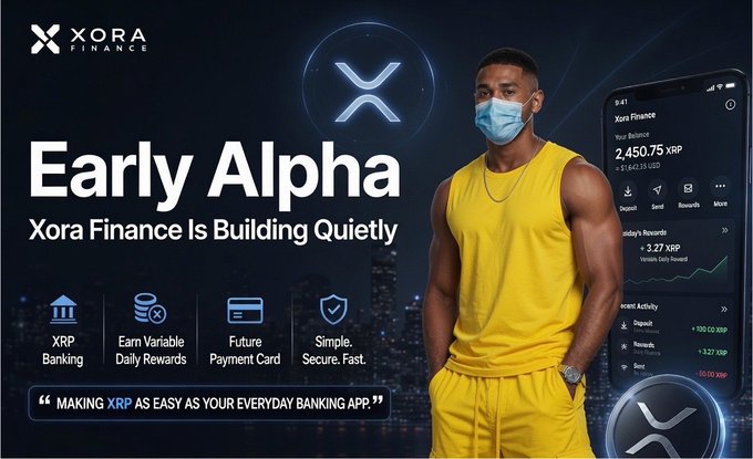 A promotional graphic for "XORA FINANCE" featuring a muscular man in a yellow outfit and face mask, advertising "Early Alpha" with features like XRP Banking and daily rewards.