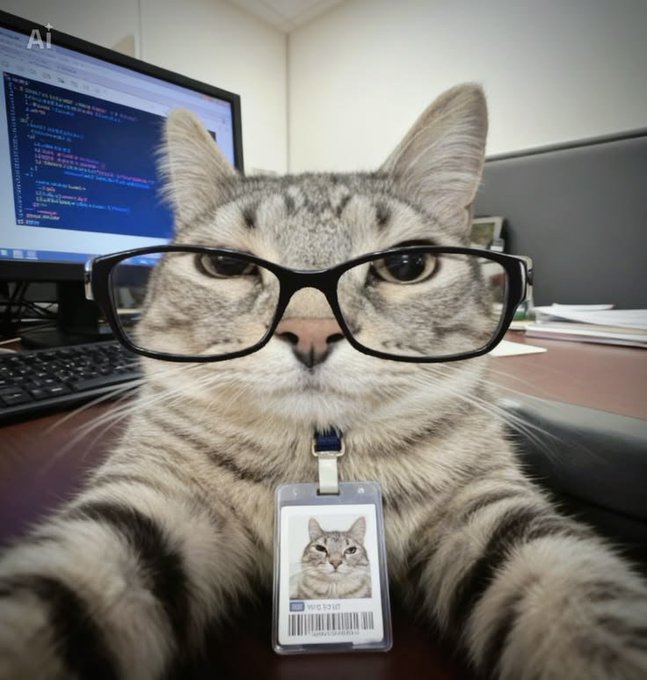 A tabby cat wearing black-rimmed glasses and an ID badge sits at a desk in front of a computer monitor displaying code, labeled 'Ai' in the corner.