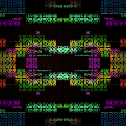 A colorful abstract digital pattern with symmetrical geometric blocks in purple, green, blue, yellow, and red tones against a black background.
