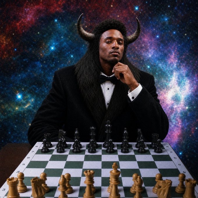 A surreal portrait of a man in a black tuxedo with long hair and bull horns, sitting thoughtfully at a chessboard against a vibrant galaxy/starfield background.