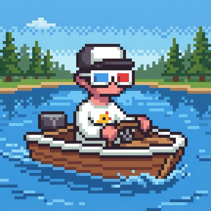 Pixel art of a chibi character wearing 3D glasses and a white shirt with a small duck, driving a small motorboat on a lake surrounded by pine trees.