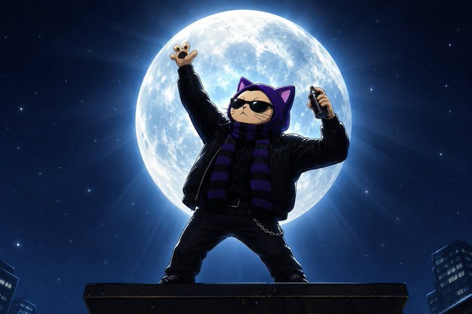 An illustration of a costumed character wearing a purple cat hood, sunglasses, a black leather jacket, and a purple-and-black striped scarf, posing dramatically with raised paw-like gloves against a large full moon and city skyline backdrop.
