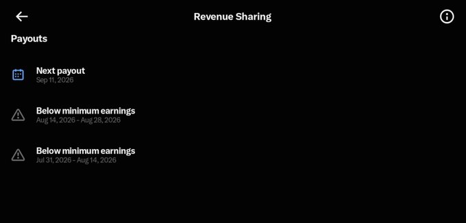 A dark-themed app screen titled "Revenue Sharing" shows a "Payouts" section with a "Next payout" date of Sep 11, 2026, and warnings of "Below minimum earnings" for previous periods.