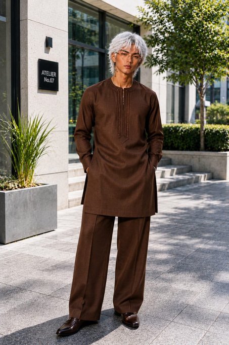 A male model with silver hair posing in a brown traditional-style kurta and matching pants outside a building labeled 'ATELIER No.07'.
