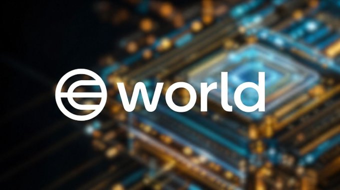 The 'e world' logo displayed over a blurred circuit board background with glowing orange and blue components.