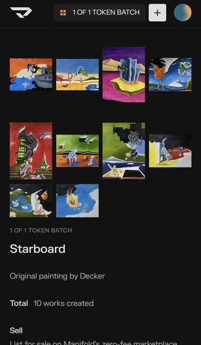 A digital art gallery interface displaying a collection titled 'Starboard' with 10 works created by artist Decker, showing various colorful surreal paintings.