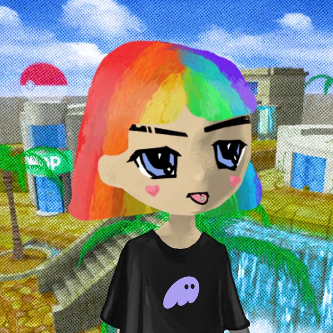 A digital illustration of a cartoon-style girl with rainbow-colored hair, heart cheeks, and a black shirt featuring a purple ghost logo, set in a blocky game-like environment.