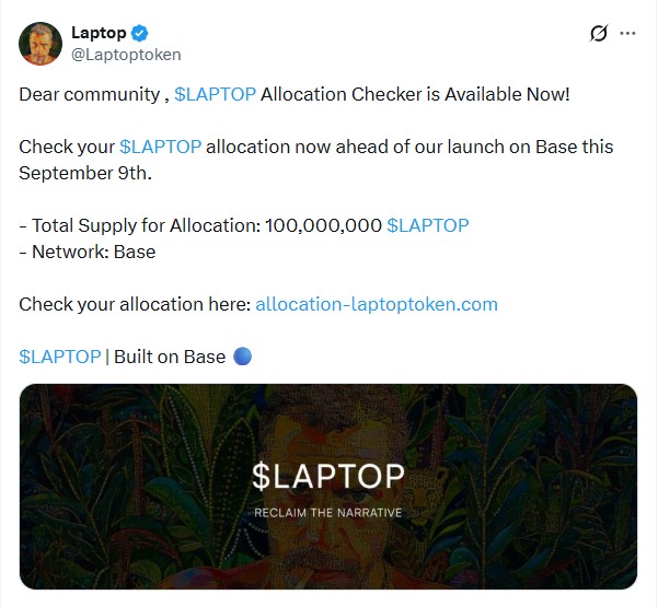 A tweet from the verified 'Laptop' account (@Laptoptoken) announcing that an allocation checker is available, detailing a 100,000,000 $LAPTOP supply launching on Base.