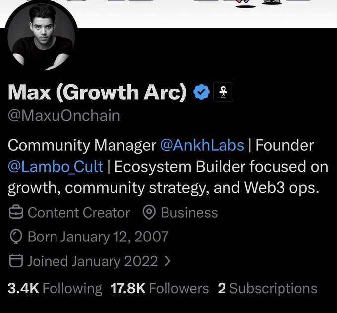 A Twitter profile for 'Max (Growth Arc)' (@MaxuOnchain), Community Manager @AnkhLabs, Founder @Lambo_Cult, with 3.4K Following, 17.8K Followers, joined January 2022.