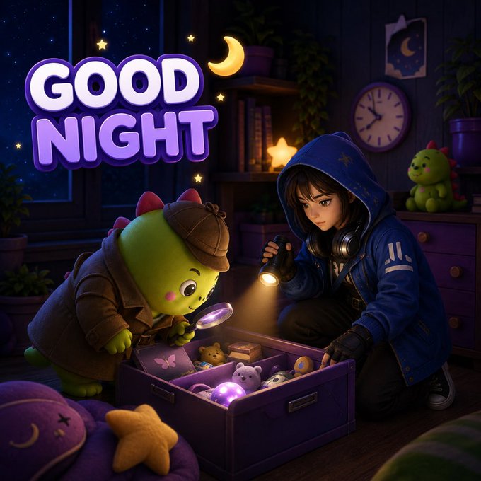 A 'GOOD NIGHT' themed illustration showing a character in a blue hoodie with a flashlight and a green dinosaur-like creature in a detective hat examining a box of toys.