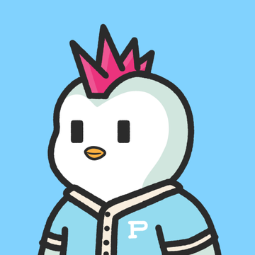 A cartoon penguin character with a white head, orange beak, and a bright pink crown wears a blue jacket featuring a "P" logo on the chest, set against a light blue background. The image connects to the caption by visually representing the P3NGS NFT collection, with the crowned penguin evoking the cute, collectible aesthetic the post highlights.
