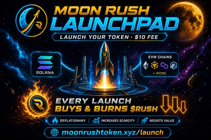 Vibrant promotional graphic for the "Moon Rush Launchpad" featuring a rocket launch scene with the tagline "LAUNCH YOUR TOKEN • $10 FEE" and logos for Solana and EVM Chains, highlighting that "EVERY LAUNCH BUYS & BURNS $RUSH" for deflationary value boosts at moonrushtoken.xyz/launch. The visual directly illustrates the post's announcement of a cross-chain token deployment platform where launch fees fuel a deflationary buy-and-burn mechanism for the $RUSH token.