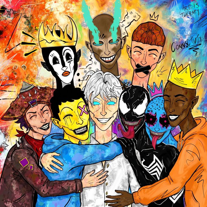 The image features a group of seven cartoon characters, including a man with a mustache wearing an orange shirt, surrounded by other cartoon characters such as a woman with a crown, a man with a crown, and another man with a mask on his face. The characters are all smiling and appear to be hugging each other in a friendly manner. The post includes text that reads: "Giving Away 5x GTD & 20x FCFS Spots For @VoidSaintsETH - 2222 Supply - Ethereum Follow @VoidSaintsETH Like & RT Comment ETH Wallet Address Winners in 24 Hours".