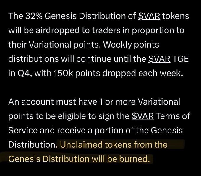 Text explaining the 32% Genesis Distribution of $VAR tokens, noting that unclaimed tokens from the distribution will be burned.