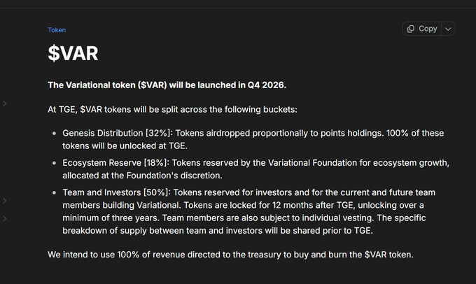 A screenshot detailing the '$VAR' token launch for Q4 2026, outlining token distribution across Genesis Distribution (32%), Ecosystem Reserve (18%), and Team and Investors (50%).