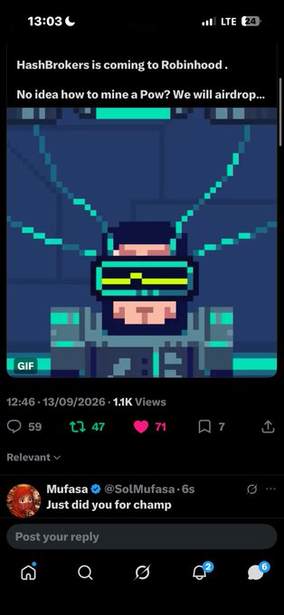 A screenshot of a social media post showing a pixelated GIF of a person with VR goggles, captioned 'HashBrokers is coming to Robinhood. No idea how to mine a PoW? We will airdrop...' from the account 'Mufasa' (@SolMufasa).