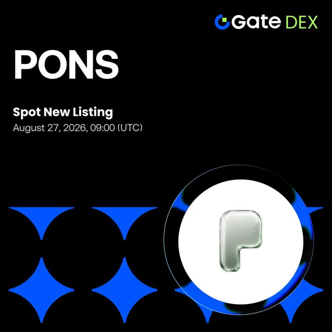 Promotional graphic from Gate DEX announcing the spot listing of $PONS (Ponsdotfamily), with a metallic "P" coin logo on a black and blue background. The image confirms the listing details, showing the token name "PONS," the "Spot New Listing" designation, and the start time of August 27, 2026, at 09:00 (UTC).