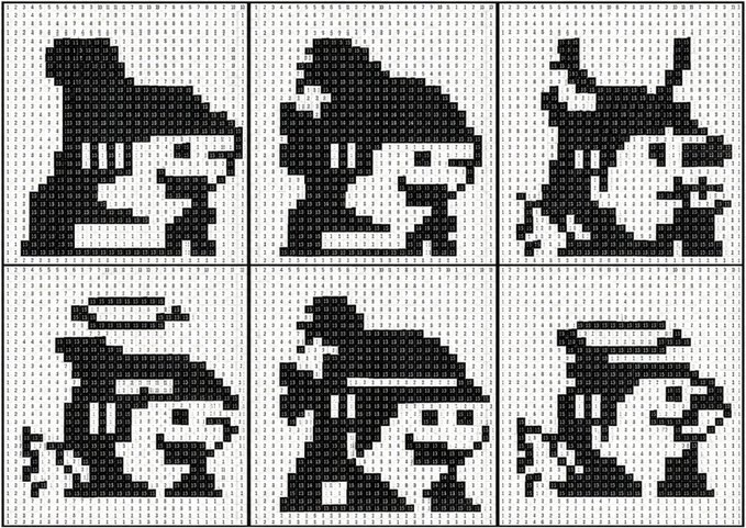 A 2x3 grid of six black-and-white pixel art sprites depicting a hooded, sword-wielding character in various action poses—standing, striking, kneeling, and casting—styled as a retro 8-bit video game sprite sheet, fitting the pixelated NFT mint theme announced in the "sharctember" post by @onchainsharc.