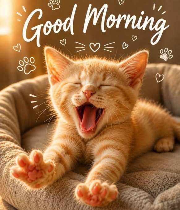 An adorable orange tabby kitten yawns widely while stretching on a soft beige cushion, accompanied by hand-drawn doodles of paw prints, hearts, and the text 'Good Morning'.