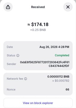 A cryptocurrency wallet transaction receipt showing a 'Received' amount of approximately $174.18 (+0.25 BNB), dated Aug 26, 2026, with a network fee of 0.00000112 BNB.