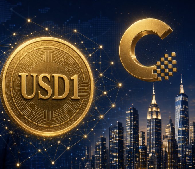 A promotional graphic featuring a gold USD1 coin and a gold Celium-style logo set against a digital network background with a nighttime cityscape.