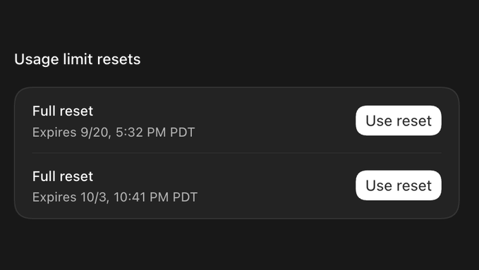 A screenshot of a 'Usage limit resets' interface showing two 'Full reset' options with expiration dates of 9/20 and 10/3, each accompanied by a 'Use reset' button.