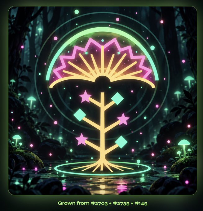 Stylized digital art of a glowing tree-like emblem with stars and diamonds, captioned "Grown from #2703 + #2735 + #145".