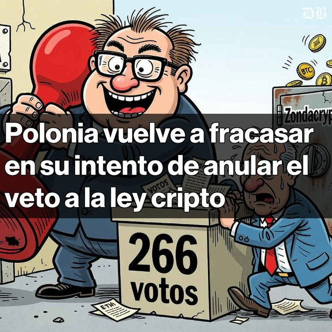 A satirical political cartoon with Spanish text 'Polonia vuelve a fracasar en su intento de anular el veto a la ley cripto', showing a gleeful figure holding a giant red gavel next to a ballot box labeled '266 votos' while a worried man in a suit looks on.