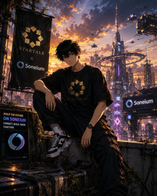 A dark-haired anime-style figure sits atop a stone ledge wearing a "STARTALE" shirt, with banners and billboards displaying "STARTALE × Soneium," "Soneium," and "BUILD THE FUTURE ON SONEIUM - CONNECT. BUILD. GROW. TOGETHER." set against a futuristic neon-lit cityscape at sunset. The image visually reinforces the post's message of embarking on a forward-looking journey, with the character gazing toward the horizon symbolizing the pioneering spirit of building the next chapter of Web3 innovation alongside the Startale and Soneium collaboration.