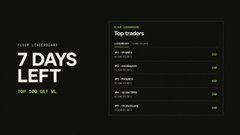 A dark dashboard screen showing 'CLOSE LEADERBOARD' with '7 DAYS LEFT' and a 'TOP 100 GET %$' section, alongside a list of top traders.